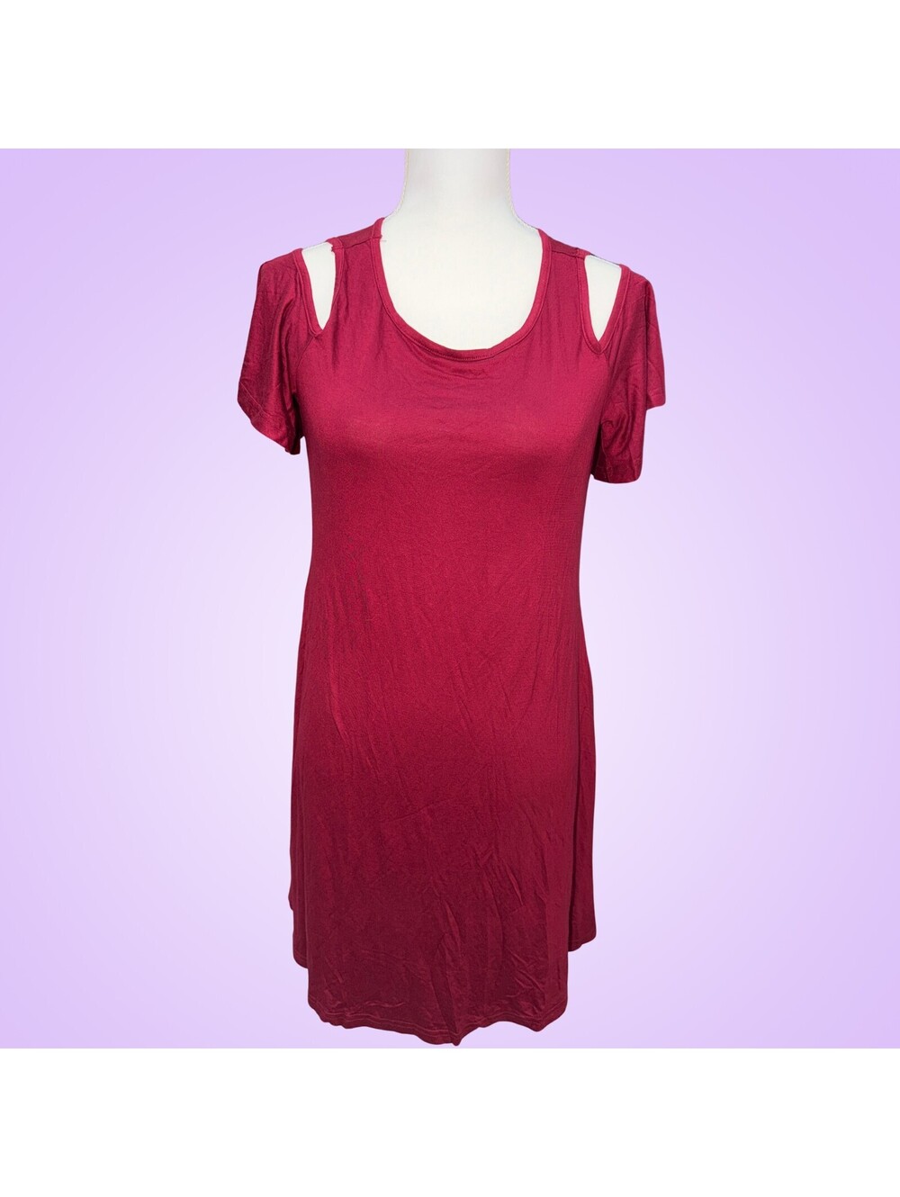 Womens Medium Burgundy Red Cold Shoulder Tunic Top or Dress Short Sleeve Rayon